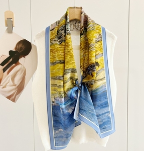 2024 nuevo diseño pintado a mano azul cielo blanco nube estampado <span class=keywords><strong>capa</strong></span> larga estilo 100% seda bufanda de mujer departamento de adultos - Product Image 2