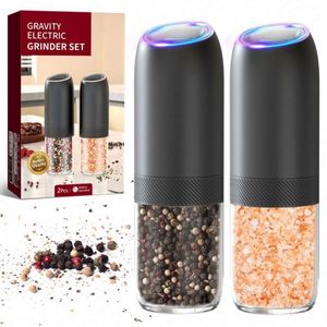 2 Pack Plastic Gravity Electric Salt <b>Pepper</b> <b>Grinder</b> Set Automatic Battery Powered Mill Adjustable Coarseness One Hand Operated - Product Image 1