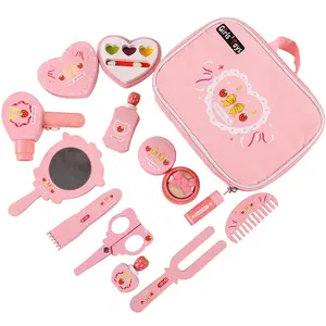12 Stuks Kinderen Pretend Play Simulatie Houten Make Speelgoed Met Cosmetische Tas Cosmetische Make Up Speelgoed Voor Meisjes-Roze
