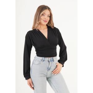 เสื้อผู้หญิงผ้าซาตินสีดำปักลายสไตล์เกาหลี คอวี ทรงหลวม ฟรีไซส์ XL มีตัวเลือกความยาวแบบสั้นและยาว - Product Image 4