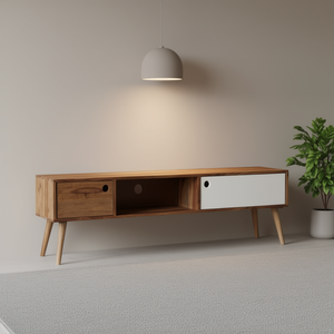 Meuble TV moyen en bois d'acacia massif, marron et blanc, meuble TV moderne du milieu du siècle, meuble de salon, 50 à 54 pouces - Product Image 2