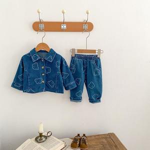 Printemps automne enfant en bas âge unisexe denim tête d'ours imprimé pantalon + revers cardigan bébé vêtements costume - Product Image 1