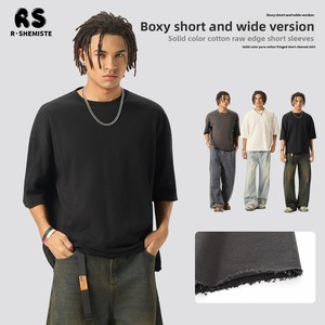 T-shirt en coton vintage pour homme, coupe ample à manches courtes, jersey uni avec bordure <span class=keywords><strong>Mao</strong></span>, respirant, idéal pour l'été - Product Image 3