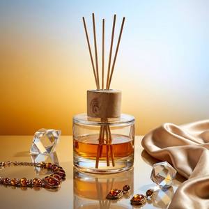 Handmade Minimalist Round <b>Reed</b> <b>Diffuser</b> Clear <b>Bottle</b> For Aesthetic Gifting Bulk Custom Logo With Wooden Metallic Lid Box - Product Image 4