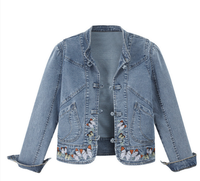 Neuer chinesischer Stil bestickte Stretch Denim Jacken kundenspezifische Knopf Damen Kurze Jackette Oberteil locker