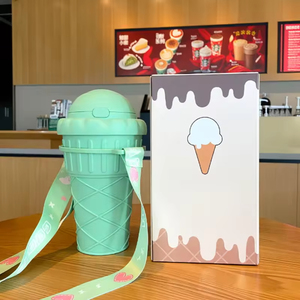 High Aesthetic Creative Ice Cream <b>Plastic</b> Cup with Suction Nozzle <b>Straw</b> Eco-Friendly Cartoon Style for Children Portable Strap - Product Image 5