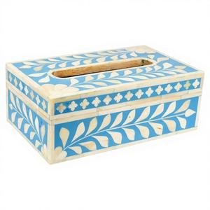 Boîte de papier de soie en incrustation d'os faite à la main, fabrication indienne, exportateur en gros, design floral bleu et blanc unique en vrac - Product Image 1