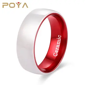 POYA Perhiasan Womens Tinggi Dipoles Inlay Pernikahan Band 8mm Anodized Aluminium Lengan Merah Kubah Putih Cincin Keramik