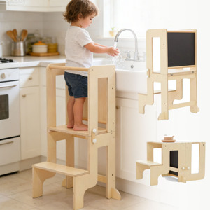 Convertible 2-in-1 Montessori Wooden <b>Learning</b> <b>Tower</b> for Toddlers Kids Adjustable Kitchen Helper Step Stool with Safety Rail - Product Image 1