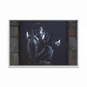 Banksy Couple Graffiti <b>Canvas</b> Art: Lovers with Phones Print,WHITE <b>FRAMED</b> <b>CANVAS</b> - Product Image 2