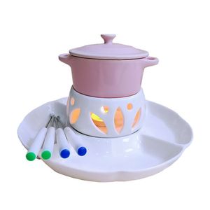 Buah Makanan Penutup Merah Muda Menyajikan <span class=keywords><strong>Fondue</strong></span> Keramik Pot <span class=keywords><strong>Set</strong></span> dengan Garpu dan Nampan