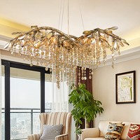 Candelabros de rama de cobre, luces de techo decorativas de cristal con borlas artísticas, lámpara colgante para sala de estar y dormitorio europea