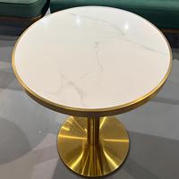 Table ronde de café 60 cm |   Table de restaurant en acier inoxydable doré avec plateau en roche blanche, pour restaurant, hôtel et bistro, Dia60*H75cm