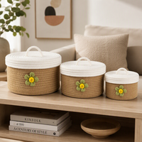 Panier de rangement rond en corde de coton tressé à la main, style pastoral, avec poignée et couvercle, capacité de 3 à 6 L, pour organiser les cosmétiques et les articles divers
