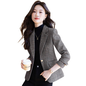 Women's <b>Wool</b> Blazer <b>Brown</b> Solid Color Anti-Wrinkle Autumn Winter 2025 Petite Style Coat - Product Image 5