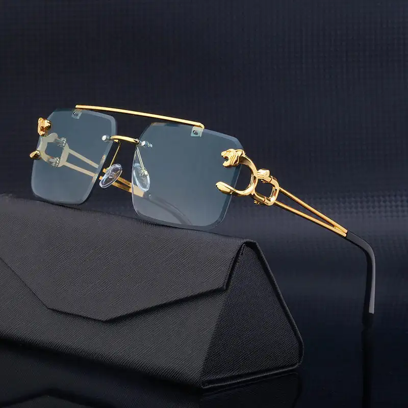 2023 Cheap Fashion Vintage Leopard Head Double Bridge Stylish Rimless Sunglasses Uv400 Protection Women Sun Glasses