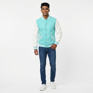 Mint Blue Varsity <b>Jacket</b> <b>White</b> Sleeves <b>Men</b> Unisex Baseball Style Zipper Casual Outerwear Rib Trim Custom logo Waterproof Knitted - Product Image 1