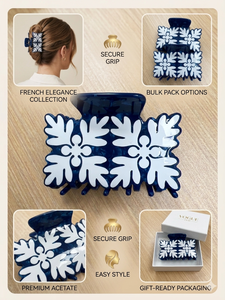 Pince à cheveux en acétate bleu avec motif floral blanc 9 cm, style européen et américain, accessoire de mode pour femmes, OEM ODM - Product Image 6