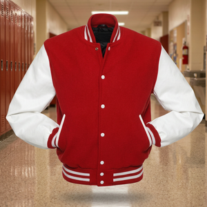 Wholesale Custom Men's Spring Letterman Style Varsity Jacket Red Wool White <b>Vinyl</b> Leather <b>Sleeves</b> Reversible Windproof - Product Image 3