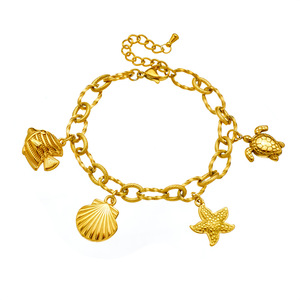 Gold Plated Stainless Steel Marine Life Charm Bracelet With Scallop Starfish Turtle Pendant Unisex Jewelry Gift - Product Image 5