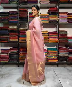 Sari en lin de soie rose de qualité supérieure, élégant, pour femmes, à porter pour les fêtes, les mariages, les fonctions traditionnelles, vêtements ethniques de designer d'Inde - Product Image 4