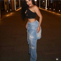 2026 En gros Été Automne Jean déstructuré pour femme, style tablier, double ceinture, effet usé, coupe droite