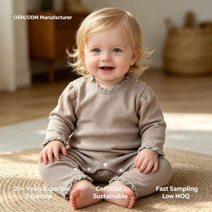 Vêtements pour bébés personnalisés, Combinaison à manches longues en coton gaufré avec dentelle pour bébés filles, Combinaison pour nourrissons et tout-petits, Combinaison pour bébés - Product Image 1