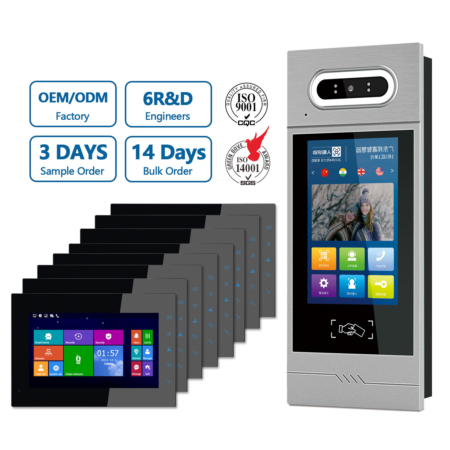 1 estación exterior+8monitores+1fuente de alimentación+1POE