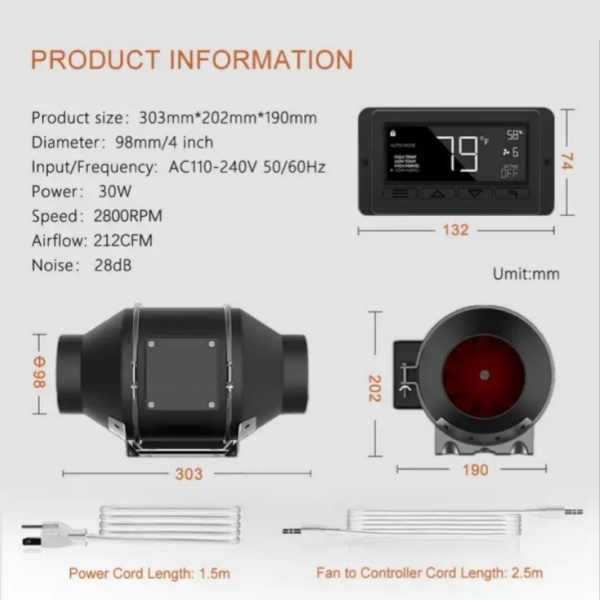 4 Inch Duct Fan with Temperature and Humidity Controller, Smart WIFI ...