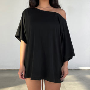 Camiseta Casual a Rayas de Un Solo Hombro y Manga Corta, Diseño Versátil con Botones y Lazos, Estilo Básico y Elegante - Product Image 3