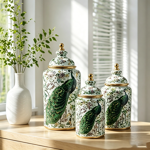 Ensemble de boîtes de rangement vintage en porcelaine brillante motif paon et fleurs, avec bouton doré, pour décoration intérieure - Product Image 2