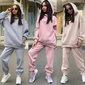 Setelan Celana dan Hoodie Wanita, Grosir Hoodie Solid dan Celana Jogging, Setelan Latihan Pakaian Olahraga Bulu Domba, Baju Olahraga Gym Bertudung untuk Wanita