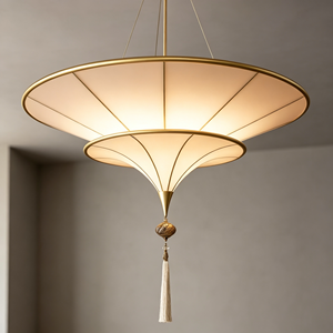 Moderner Zweistufiger Regenschirm-Kronleuchter aus Stahl und Massivmessing mit Glas-Pendelleuchte und Quasten für Wohn- und Esszimmer, Villa, Zuhause - Product Image 3