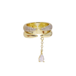 18K verguld modevingersieraden micro-pavé CZ dubbele spike met kwastketting traanvormige CZ open ringen - Product Image 4