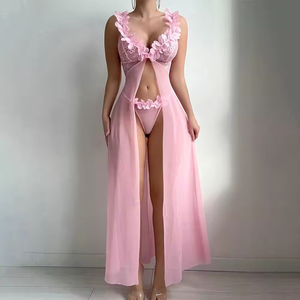 Robe de nuit princesse rose en dentelle florale résille, nuisette longue maxi une pièce, décolleté en V, ouverte sur le devant, lingerie sexy pour femme - Product Image 2