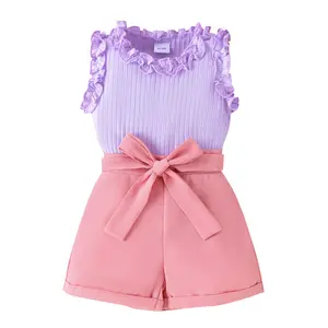 2024 Новый Модный комплект из 2 предметов для новорожденных девочек фиолетовый топ без рукавов с оборками + розовые шорты с бантами
