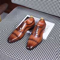 Sepatu Oxford Kulit Patina Lukis Tangan Isirhonour Gaya Italia untuk Pria, Model Quarter Brogue Cap Toe, Cocok untuk Acara Formal dan Pernikahan