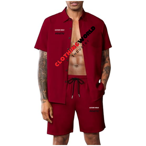 Ensemble été personnalisé avec logo sur mesure, chemise et short couleur bordeaux, tenue décontractée. - Product Image 2