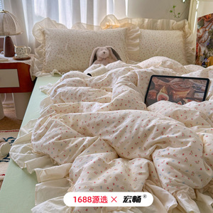 Korean Style All Cotton Twill Lace <b>Bedding</b> <b>Set</b> Floral Print Princess Soft Skin Friendly Breathable Four Seasons Duvet Cover <b>Set</b> - Product Image 4