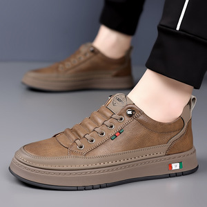 Men's Slip-On Loafers Round Toe Genuine Leather Lining <b>Rubber</b> Outsole Breathable Solid Color Casual Shoes Strip Shoe Tongue Logo - Product Image 3