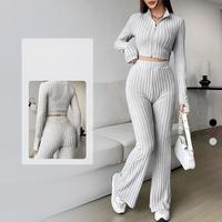 Atasan Yoga Rajut Tanpa Jahitan 2 Potong Kasual Wanita, Celana Panjang Lebar, Bahan Bernapas, Elastis, Slim Fit untuk Olahraga Fitness