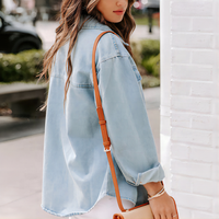 Jaket Jeans Kancing Tanduk Biru Muda Bahan Katun/Spandex Tenun Denim Lembut Berwarna, Anti Angin, Bernapas, Logo Custom, Model Terbaru, Promo Panas