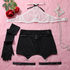 Lencería seductora transparente de color liso con malla, conjunto de cinco piezas que moldea y estiliza, lencería sexy para mujer - Product Image 6