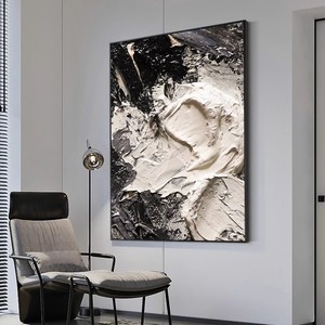 Peinture à l'huile 3D noir et blanc peinte à la main, texture épaisse rectangulaire, art décoratif moderne et minimaliste pour salon - Product Image 3