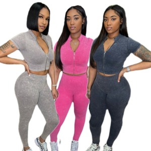 Primavera otoño mujeres <span class=keywords><strong>Biker</strong></span> conjuntos algodón Crop <span class=keywords><strong>chaqueta</strong></span> Top y pantalones cortos 2 piezas conjunto señora Y2K Yoga dos piezas Jogger pantalones conjuntos para mujer - Product Image 1