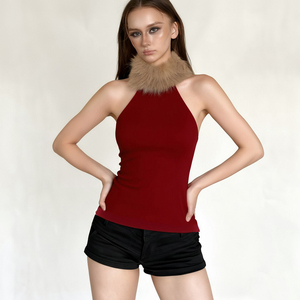 Women Halter Neck Vest <b>Sleeveless</b> <b>Top</b> with Faux Fur Collar Slim Fit Fashion Elegant Party Wear - Product Image 6