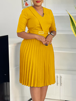 Nouvelle Robe Plissée Femme Grande Taille Col V Couleur Unie Tendance et Élégante pour l'Été