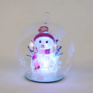 Handgeblazen Heldere Mini Hangende Holle Glazen Bol Glazen Kerstbal Set Led Verlichte Kerstsneeuwpop