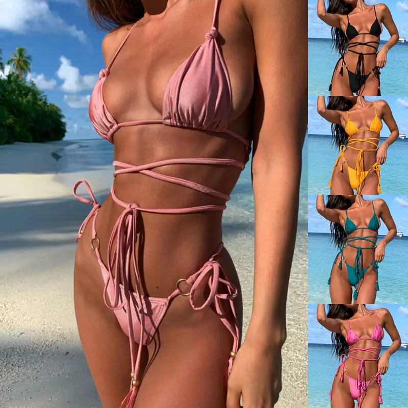 2023 Beach Bathing 2pcs Suit Sexy Beachwear Solid Color Women Tie Up Bikini Cross Swim Suits