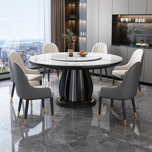Table à manger ronde design avec plateau en pierre durable et base en bois avec accent en acier <span class=keywords><strong>plaqué</strong></span> or pour un mobilier de maison moderne - Product Image 4